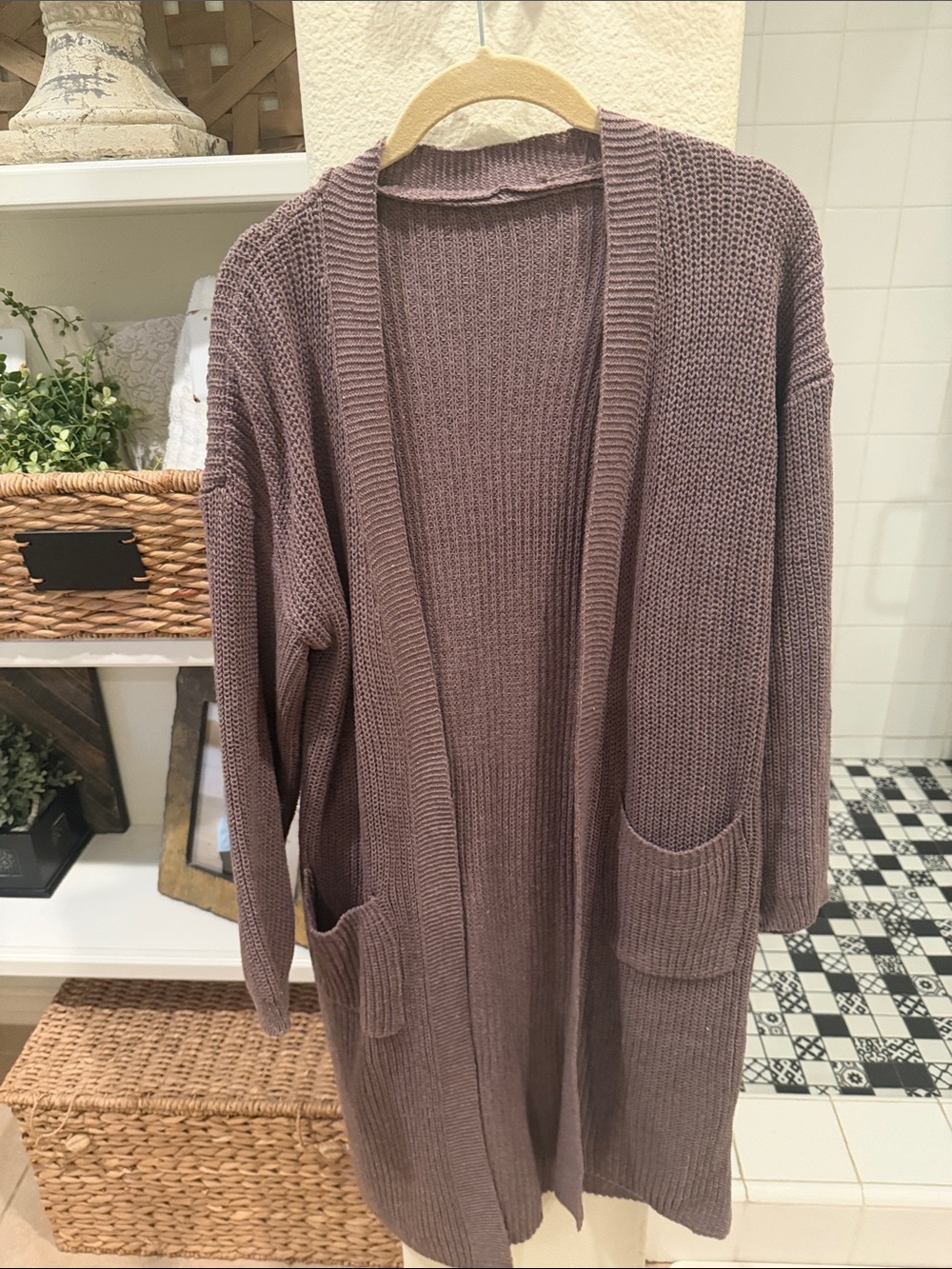 Open-Front Long Knit Cardigan Sweater - Mauve